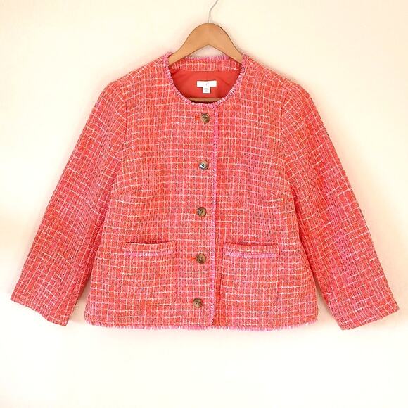 J. Jill dahlia tweed jacket in clementine, fringe, lined, business blazer - Picture 2 of 6